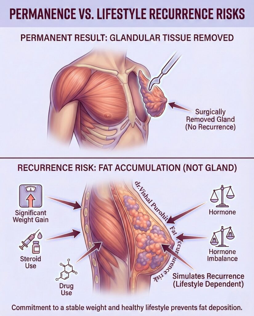 Infographic comparing permanent gynecomastia gland removal versus lifestyle-dependent fat recurrence risk in men.