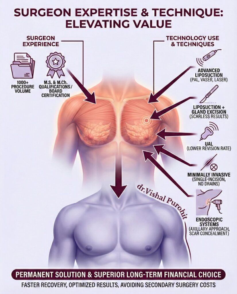 Infographic showing Dr. Vishal Purohit's advanced gynecomastia surgery techniques for scarless male chest reduction results.