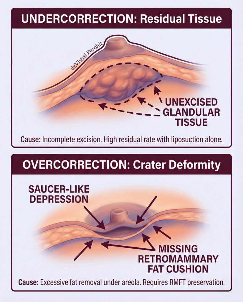 Infographic illustrating undercorrection and overcorrection complications in male gynecomastia surgery.