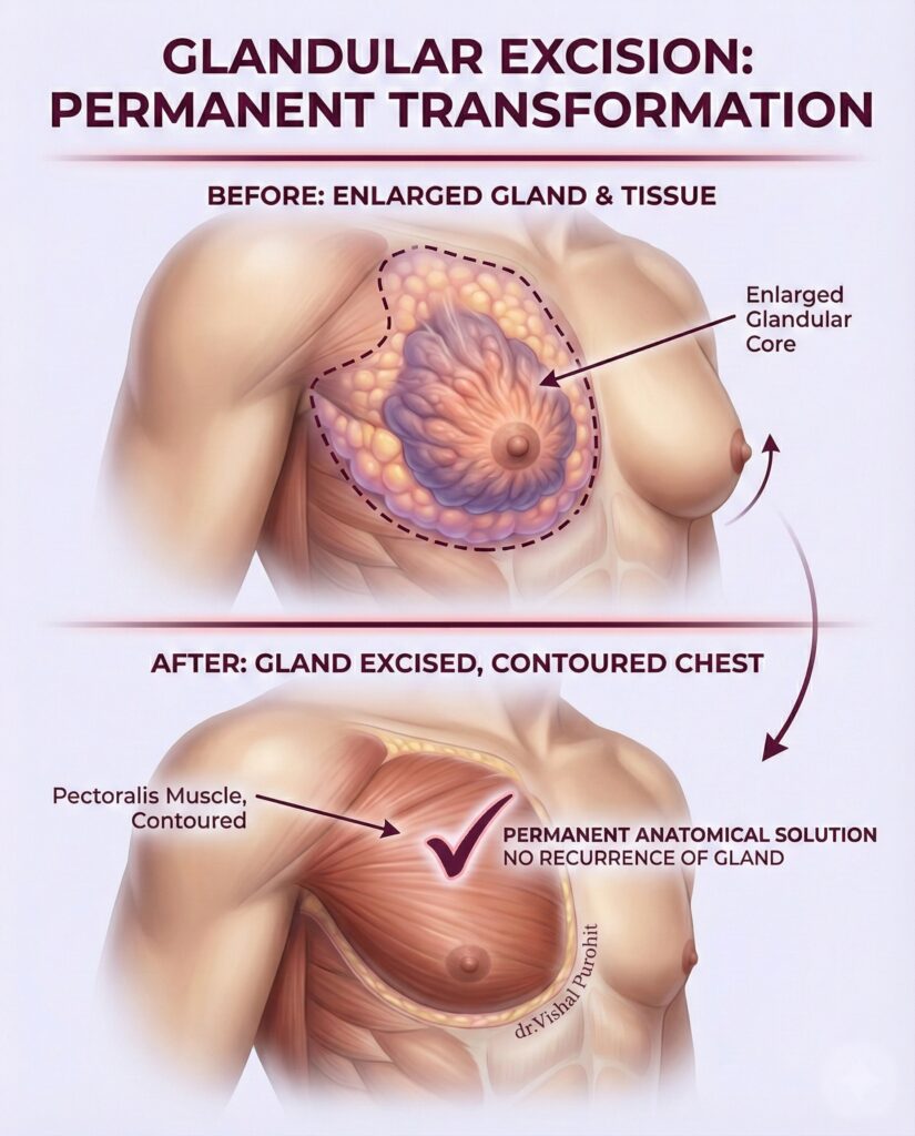 Before and after medical illustration of gynecomastia glandular excision surgery by Dr. Vishal Purohit.