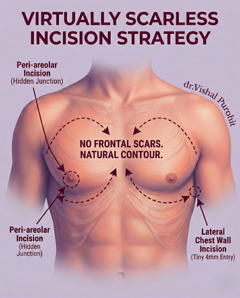 Infographic showing hidden incision placement for scarless gynecomastia surgery by Dr Vishal Purohit