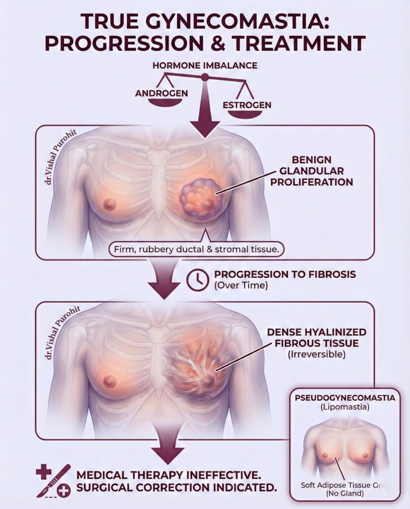 Infographic illustrating True Gynecomastia progression from glandular proliferation to fibrosis, requiring surgical correction.