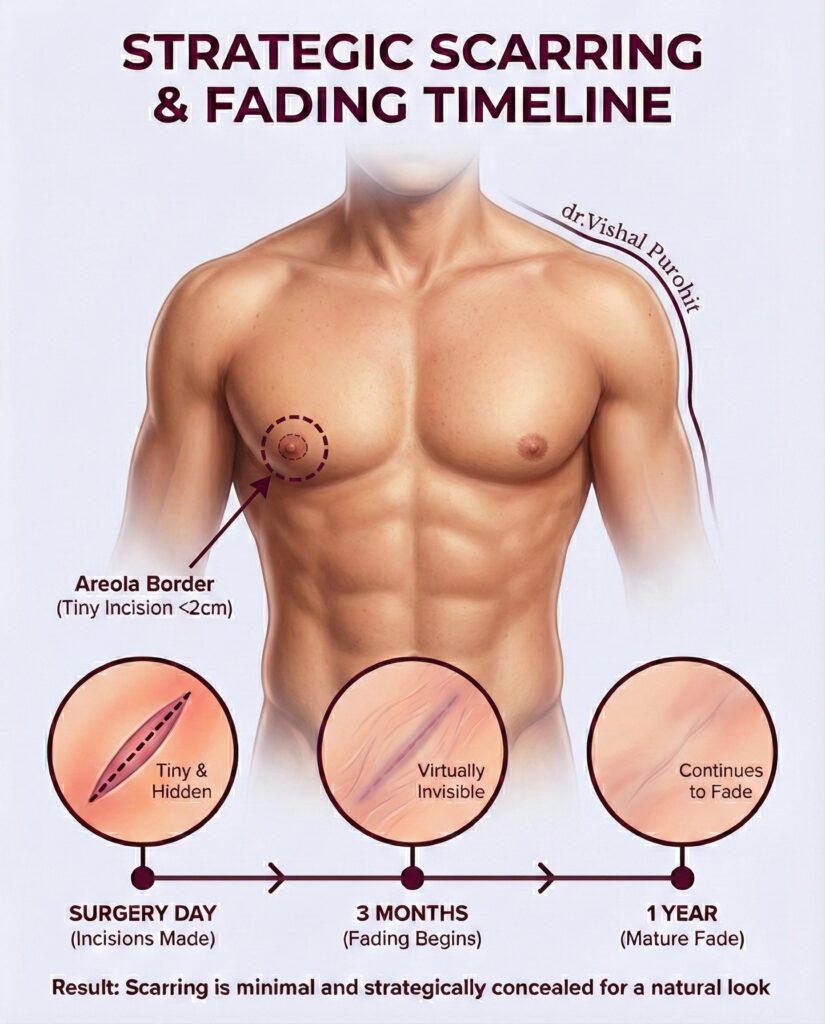 Gynecomastia surgery areola border incision and 1-year minimal scar healing timeline.