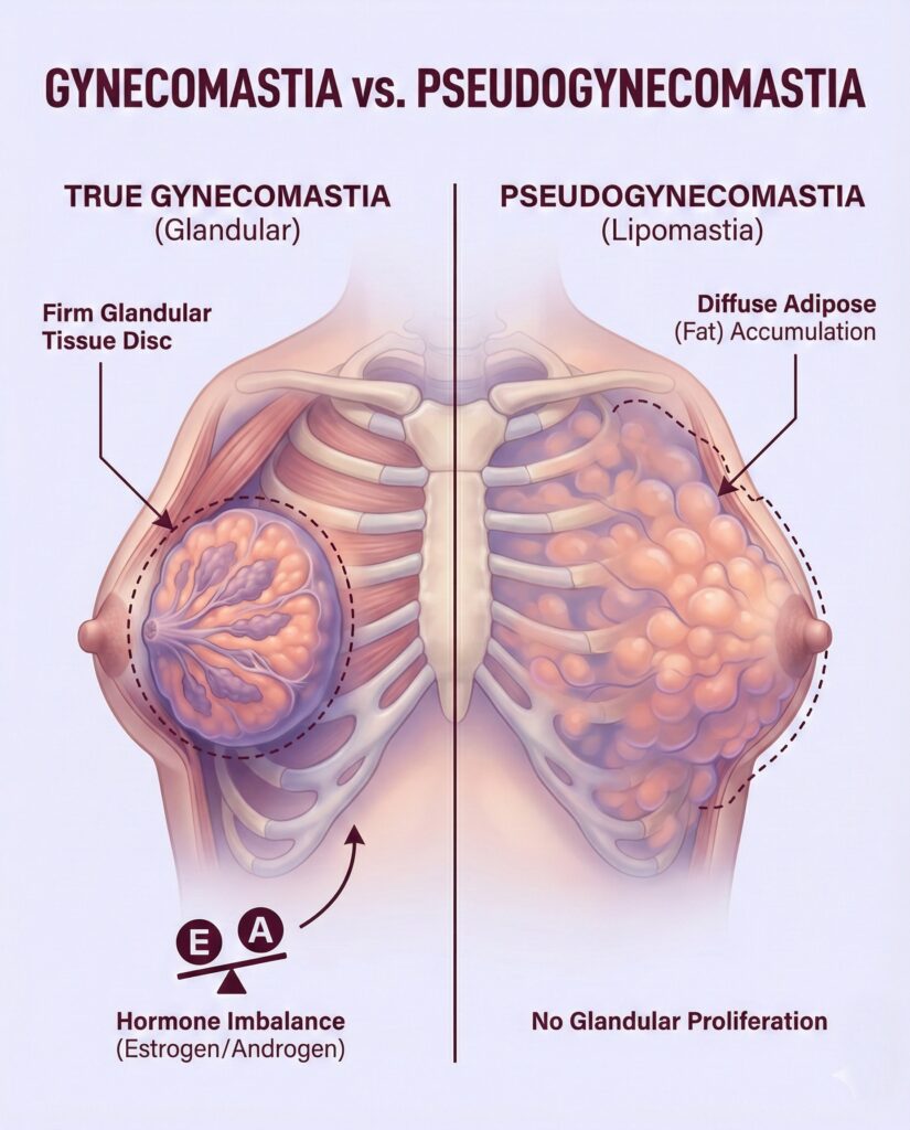Diagram illustrating True Gynecomastia (glandular tissue) versus Pseudogynecomastia (fat accumulation) in males.