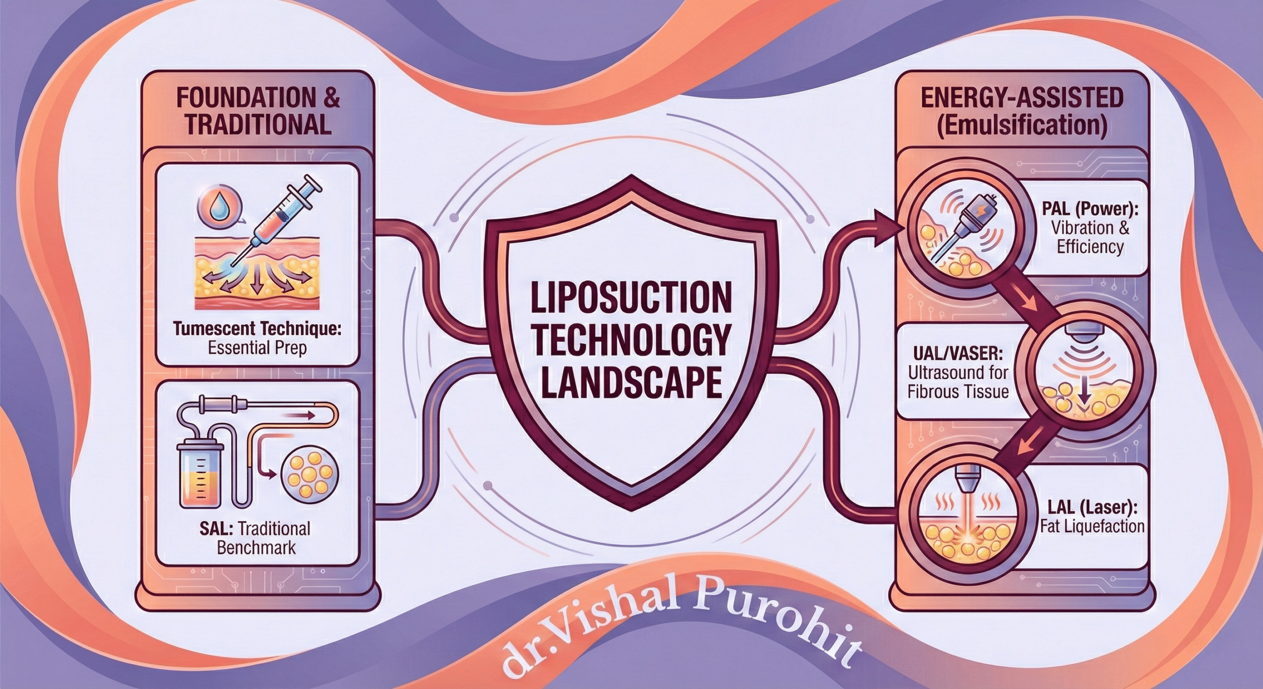 Infographic titled 'Liposuction Technology Landscape' by dr. Vishal Purohit, detailing the differences between 'Foundation & Traditional' methods (Tumescent Technique, SAL Suction-Assisted) and 'Energy-Assisted (Emulsification)' techniques (PAL Power-Assisted, UAL/VASER Ultrasound, LAL Laser-Assisted).