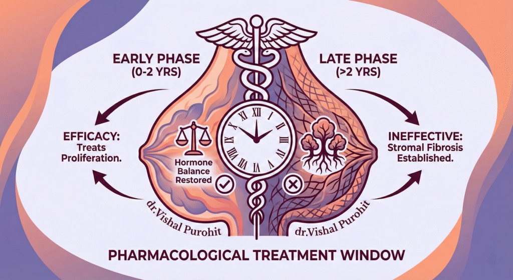 Best for accessibility and Google Image search: "Infographic by Dr. Vishal Purohit illustrating the pharmacological treatment window for gynecomastia. It compares the Early Phase (0-2 years), where medication treats proliferation, against the Late Phase (>2 years), where medication is ineffective due to established stromal fibrosis.