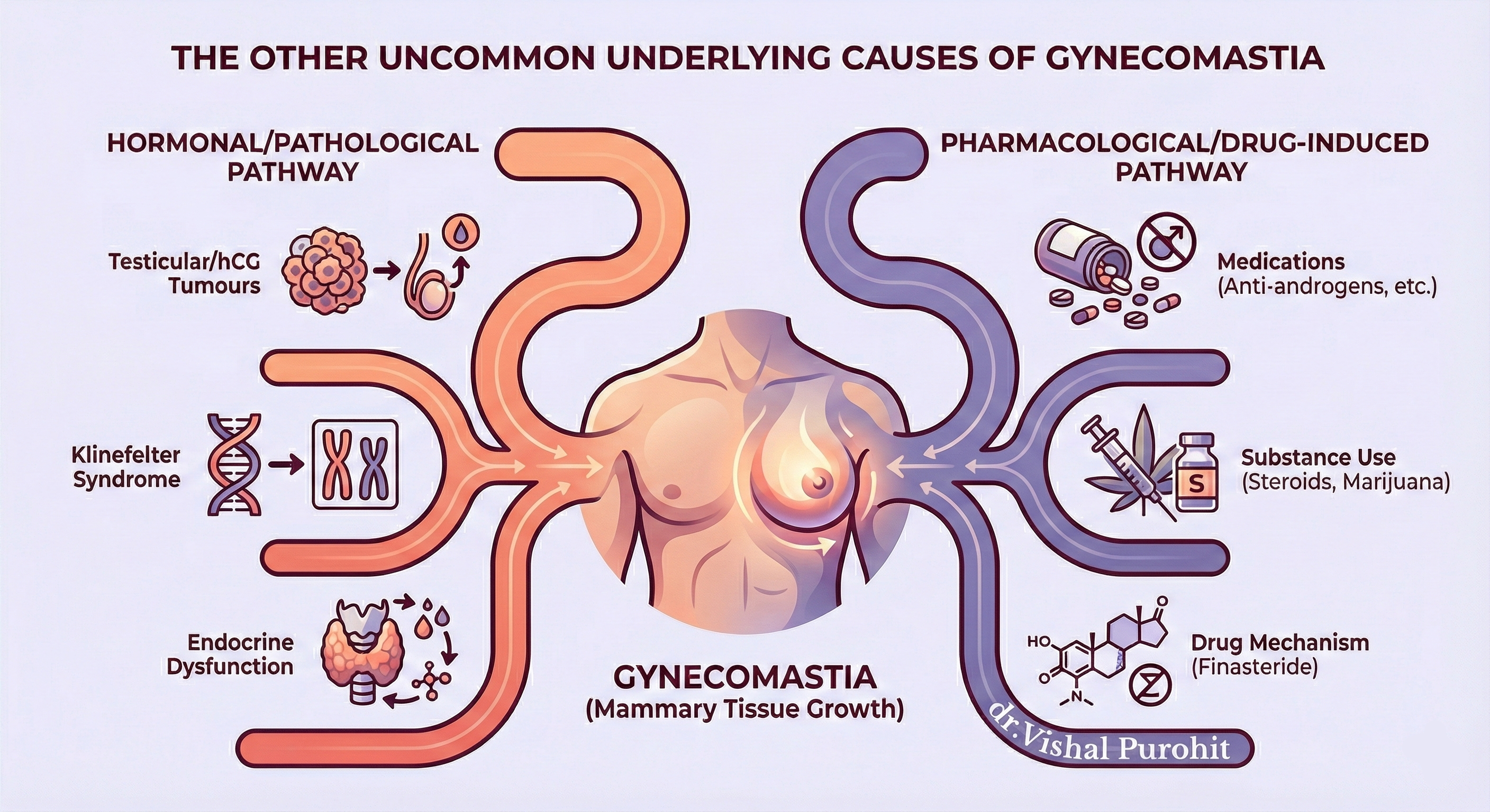Medical infographic titled "THE OTHER UNCOMMON UNDERLYING CAUSES OF GYNECOMASTIA," detailing hormonal/pathological and pharmacological/drug-induced pathways with examples like testicular tumors, Klinefelter syndrome, medications, and substance use, by dr. Vishal Purohit.
