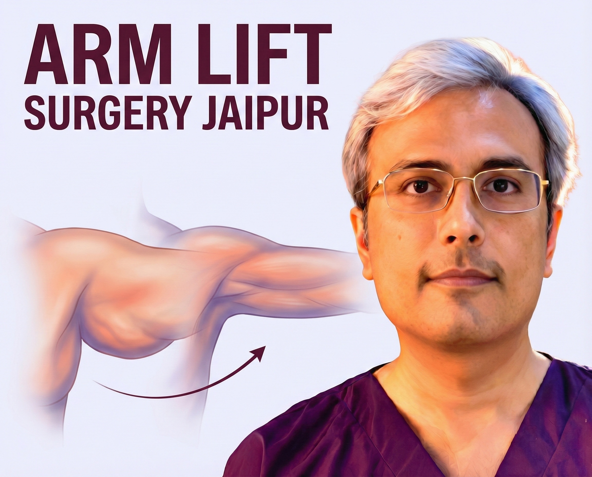 Arm lift surgery diagram showing correction of sagging upper arm skin by Dr. Vishal Purohit.