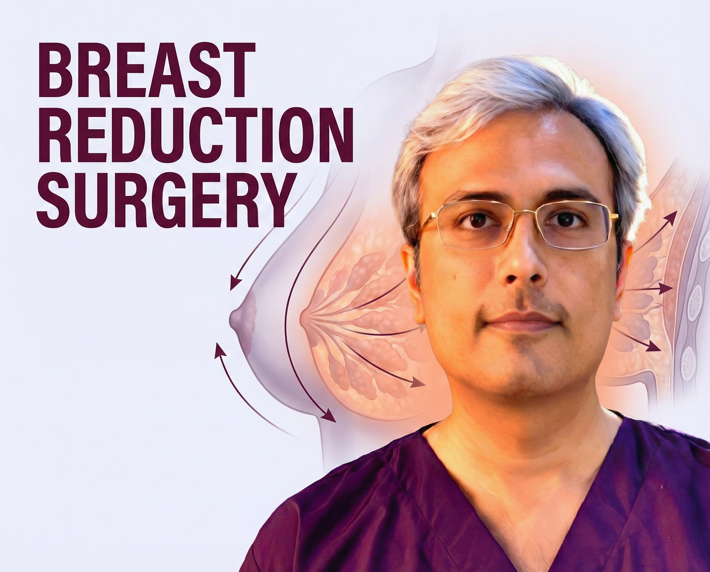 Breast reduction surgery concept illustration with Dr. Vishal Purohit and anatomy diagram showing surgical technique.