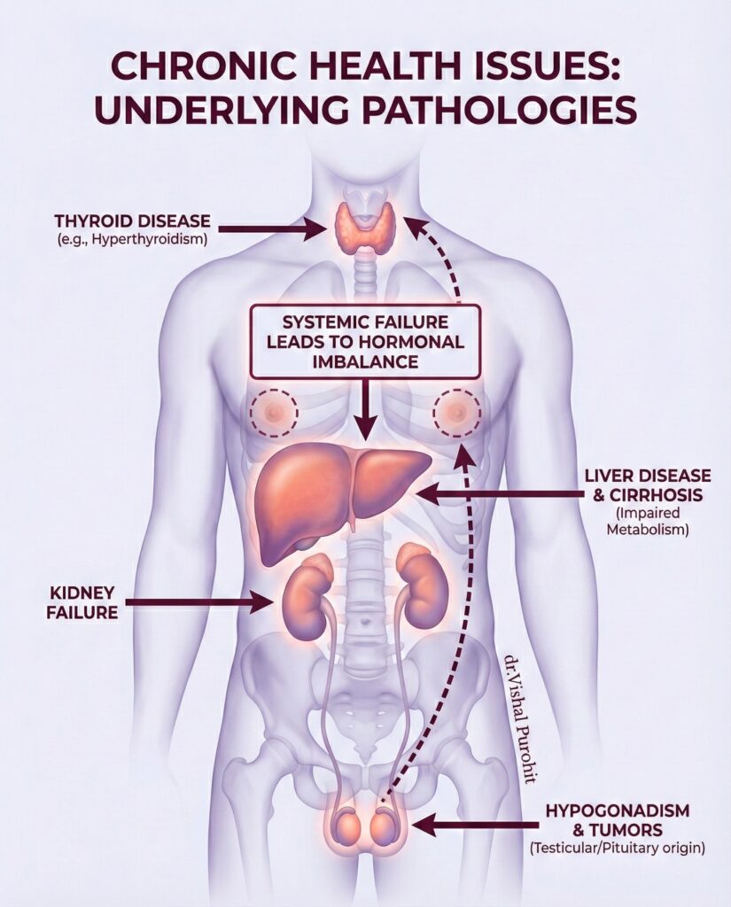 Medical infographic illustrating how chronic diseases like liver and kidney failure cause hormonal imbalance.
