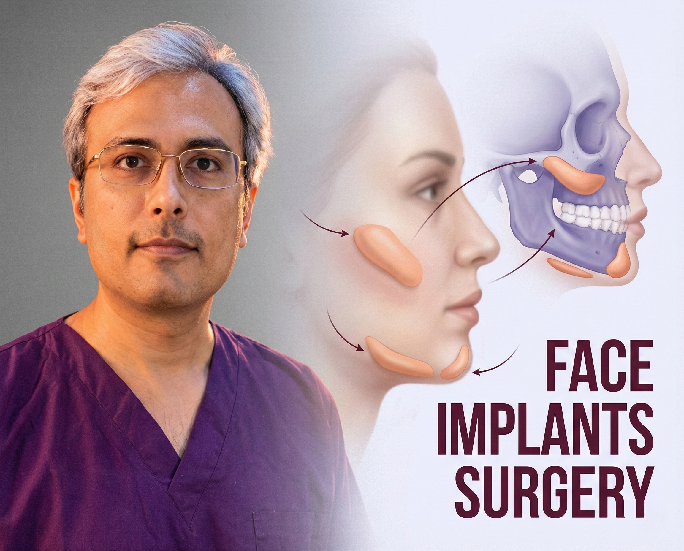 Facial implant surgery diagram showing cheek, chin, and jawline augmentation by Dr. Vishal Purohit.