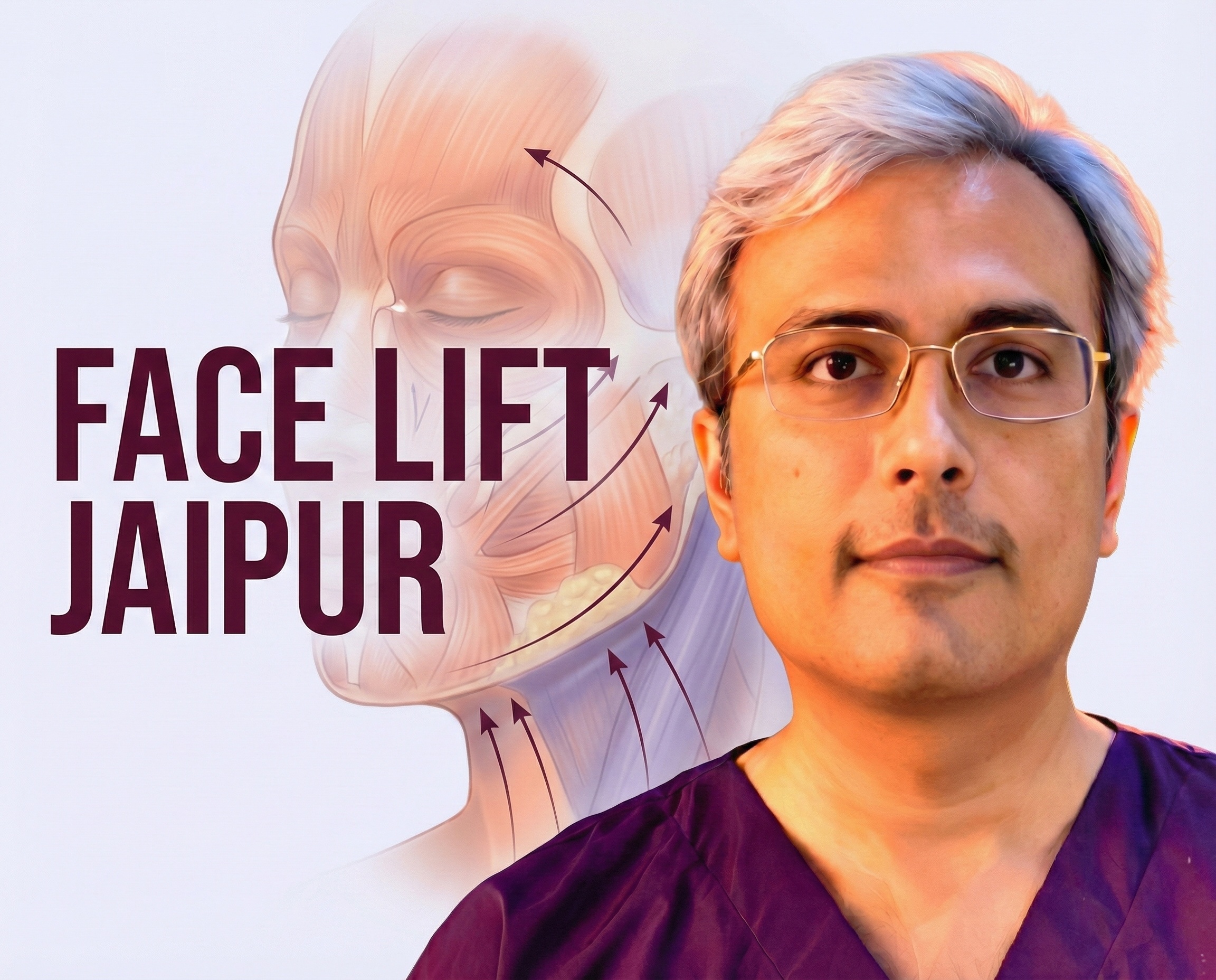 Face Lift Jaipur by Dr. Vishal Purohit featuring facial anatomy illustration and lifting vectors.