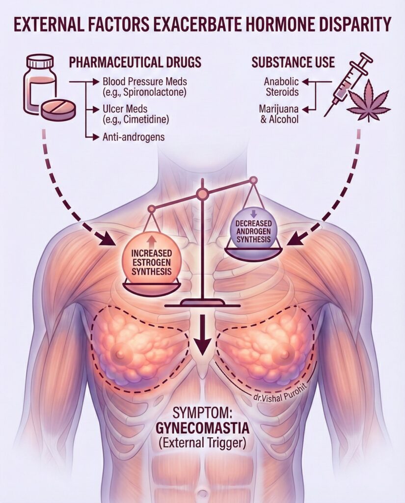 Infographic illustrating causes of gynecomastia including drugs and substance use leading to hormone disparity.