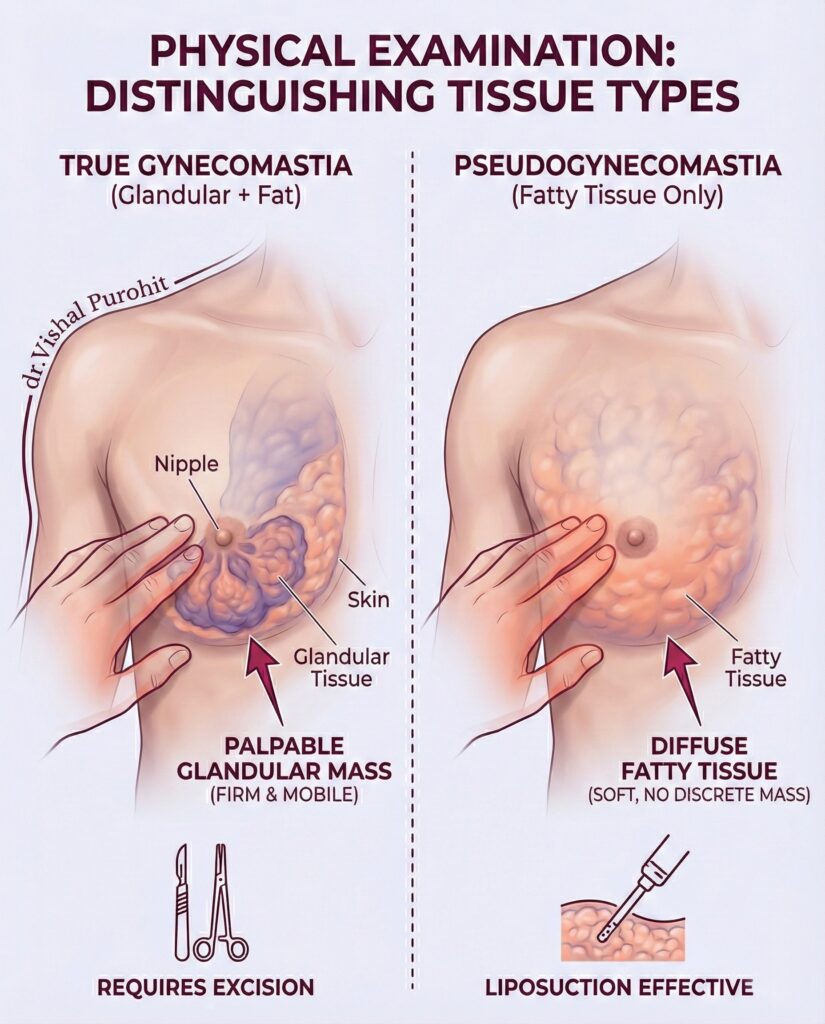 Infographic Distinguishing True Gynecomastia (Glandular) from Pseudogynecomastia (Fatty) for Treatment Planning