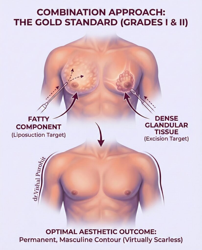 Infographic of combination gynecomastia surgery for Grades I & II in males, showing liposuction and excision targets.