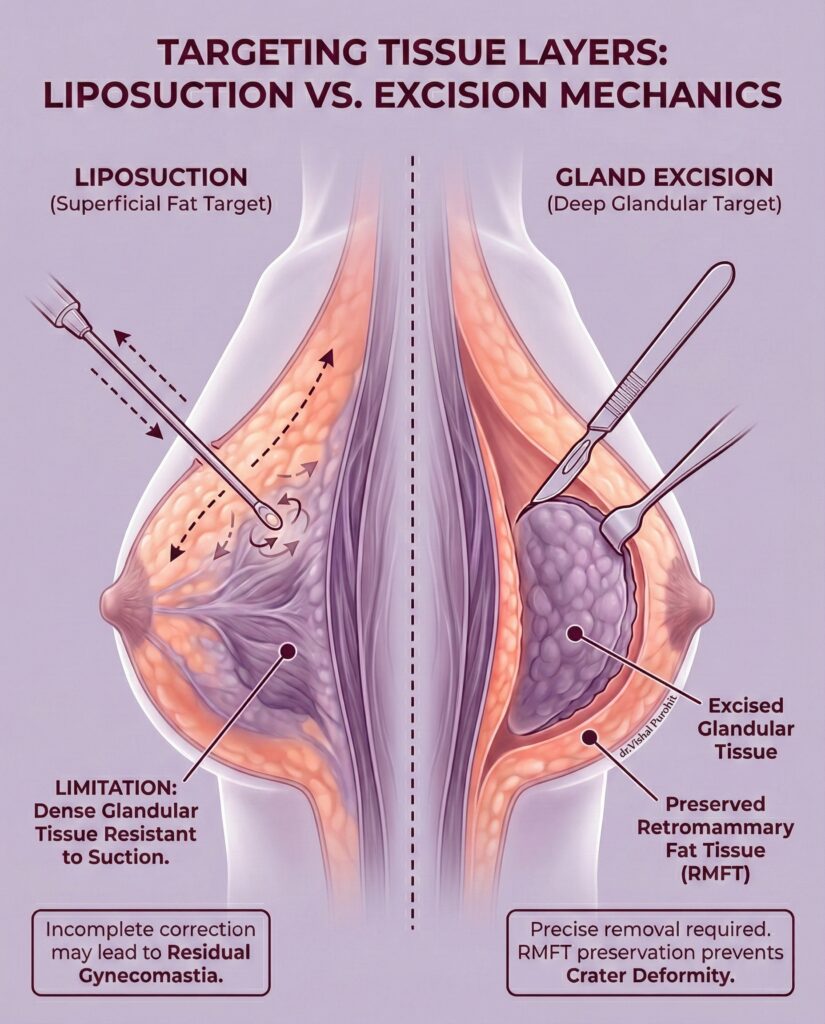 Liposuction vs. Gland Excision for Gynecomastia: Surgical Infographic on Tissue Targeting by Dr. Vishal Purohit.