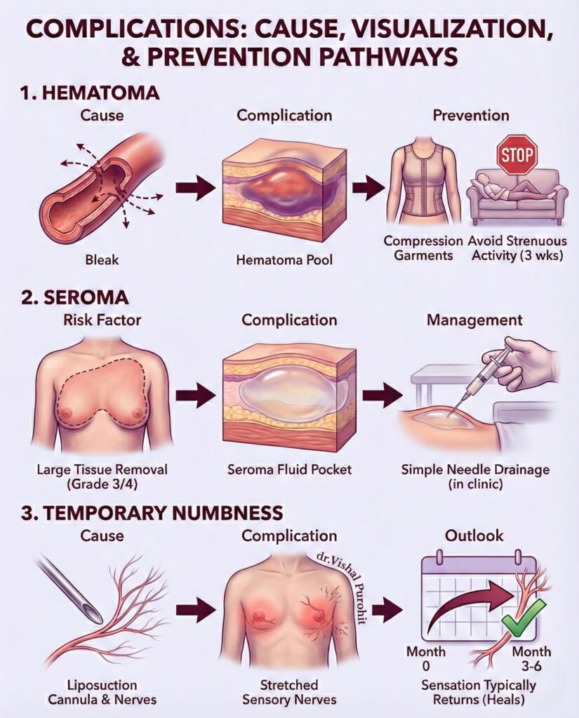 Gynecomastia Surgery Complications Pathway: Hematoma, Seroma, & Numbness Prevention and Management Infographic