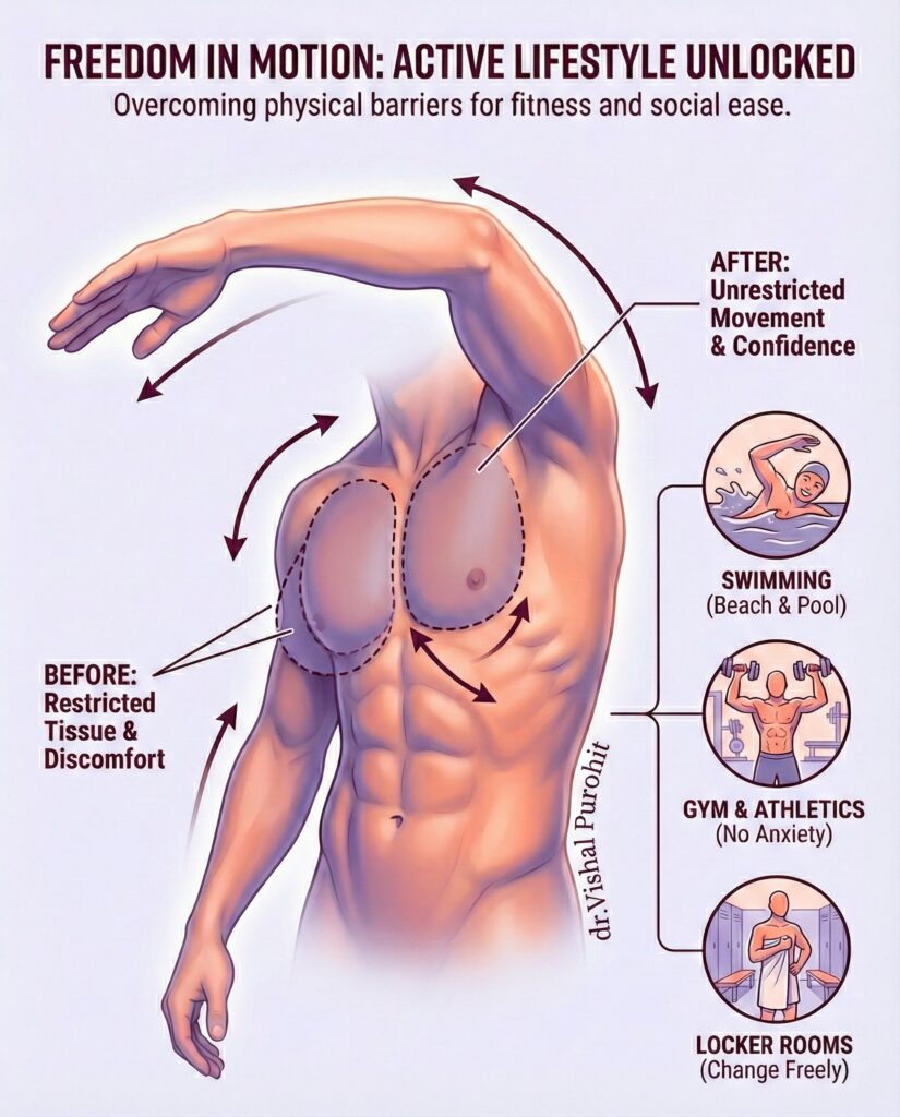 Male chest reduction infographic showing before and after results for gynecomastia, emphasizing free movement.