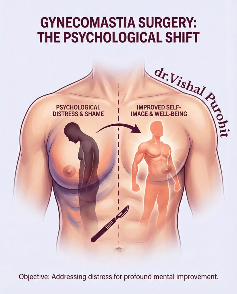 Gynecomastia surgery infographic illustrating before and after results and psychological benefits.