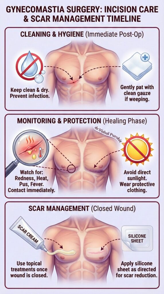 Gynecomastia surgery post-op care infographic outlining cleaning, monitoring, and scar management stages.