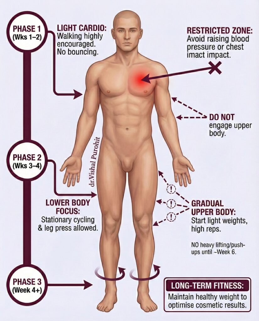 Gynecomastia Surgery Post-Operative Recovery Guide and Timeline Infographic by Dr. Vishal Purohit.