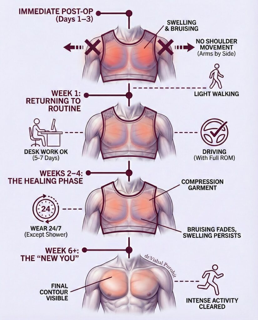 Gynecomastia surgery recovery timeline infographic from immediate post-op to final sculpted chest result.