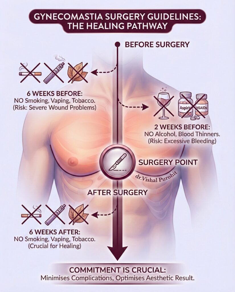 Gynecomastia surgery restrictions timeline and pre-op guidelines infographic by Dr Vishal Purohit Jaipur