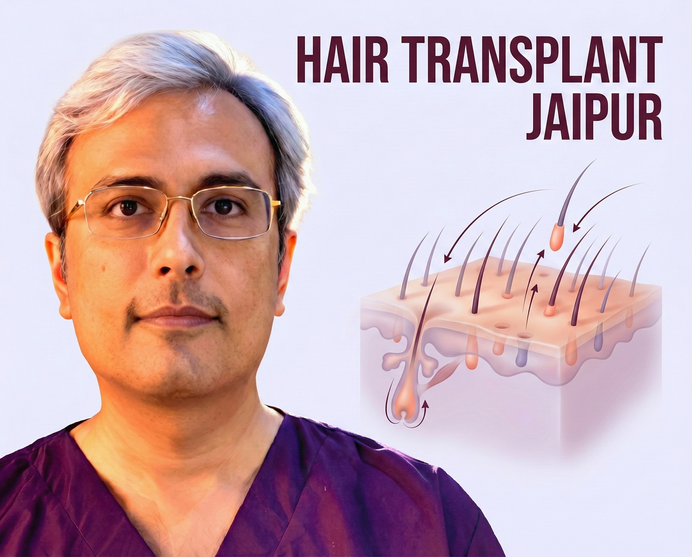 Dr. Vishal Purohit Hair Transplant Jaipur infographic illustrating follicle implantation into scalp cross-section.