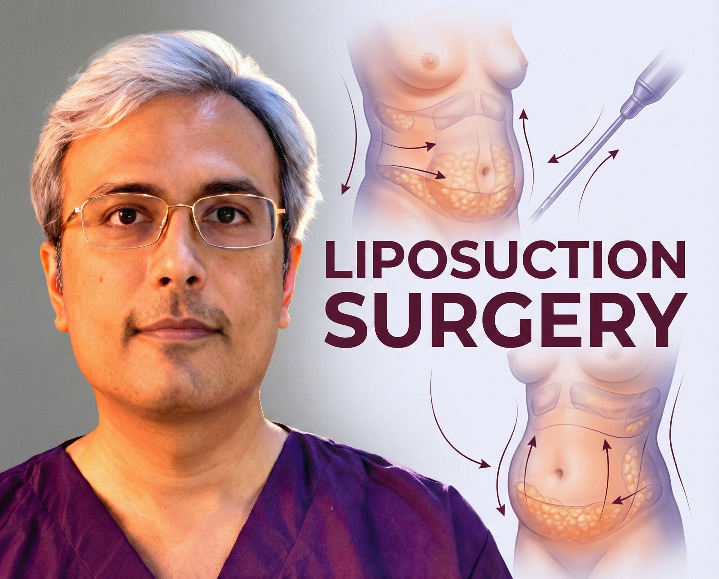 Liposuction Surgery Educational Illustration with Dr. Vishal Purohit and Female Body Contouring Diagrams