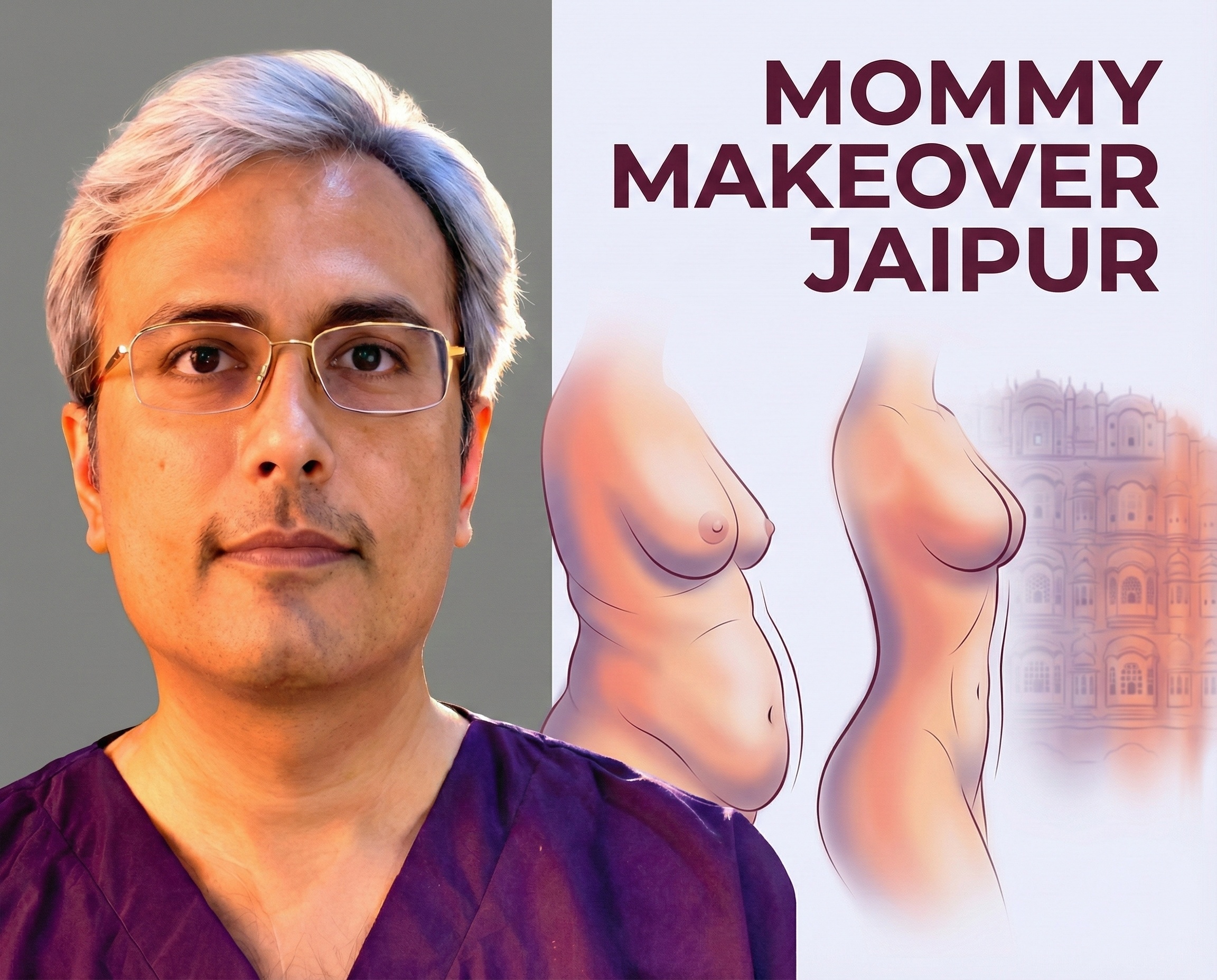 Mommy Makeover Jaipur infographic illustrating breast lift and tummy tuck transformation by Dr. Vishal Purohit.