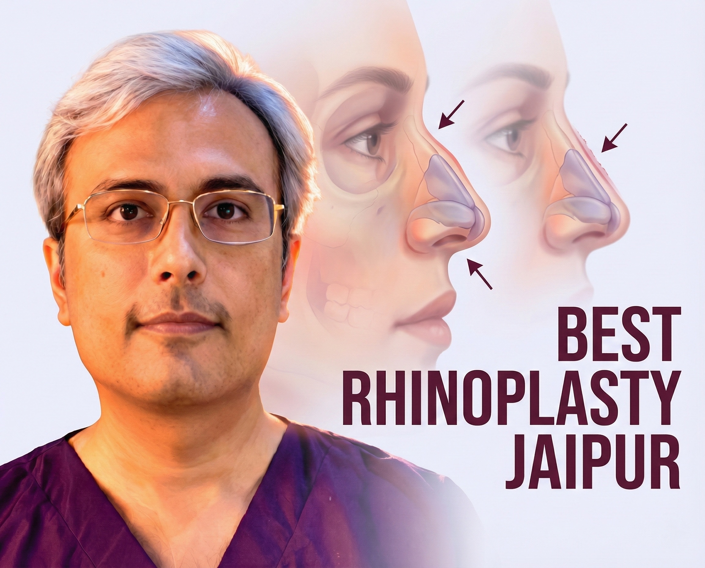 Rhinoplasty visualization by Dr. Vishal Purohit showing hump reduction and tip refinement in Jaipur.