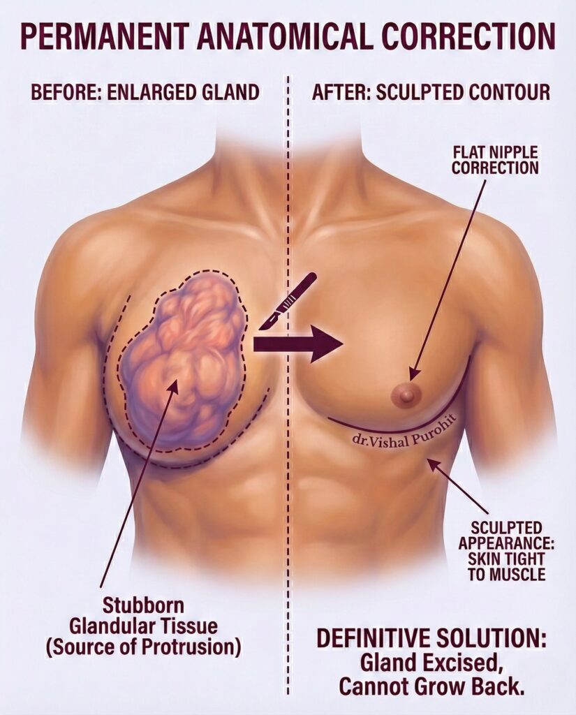 Before and after illustration of severe gynecomastia gland excision for sculpted chest contour.