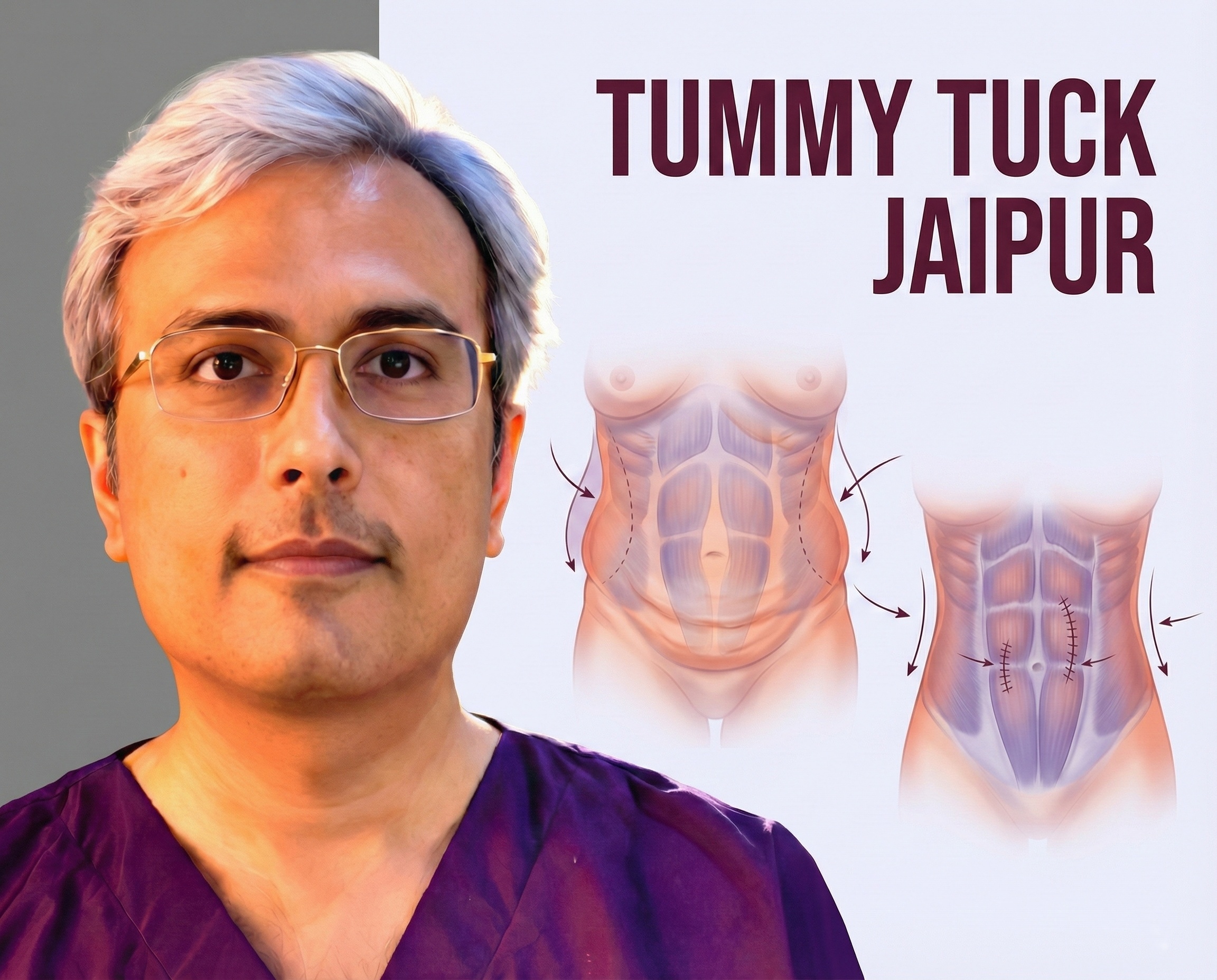 Dr. Vishal Purohit Tummy Tuck Surgery Jaipur with before and after abdominoplasty illustration.