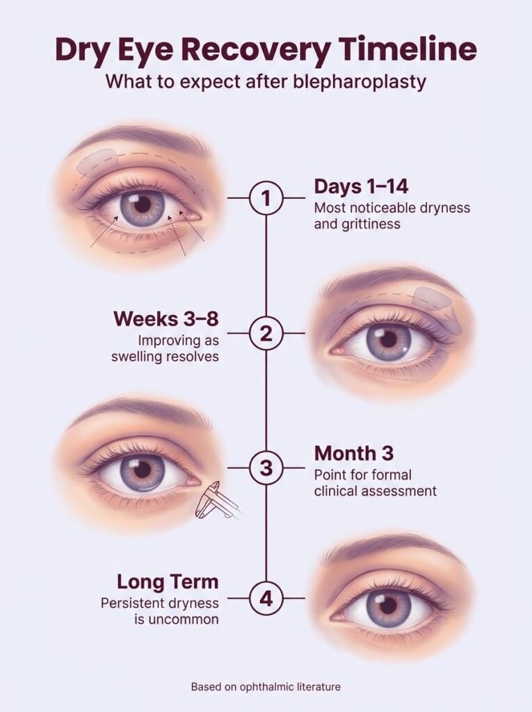 Recovery timeline for dry eye symptoms following blepharoplasty eyelid surgery.