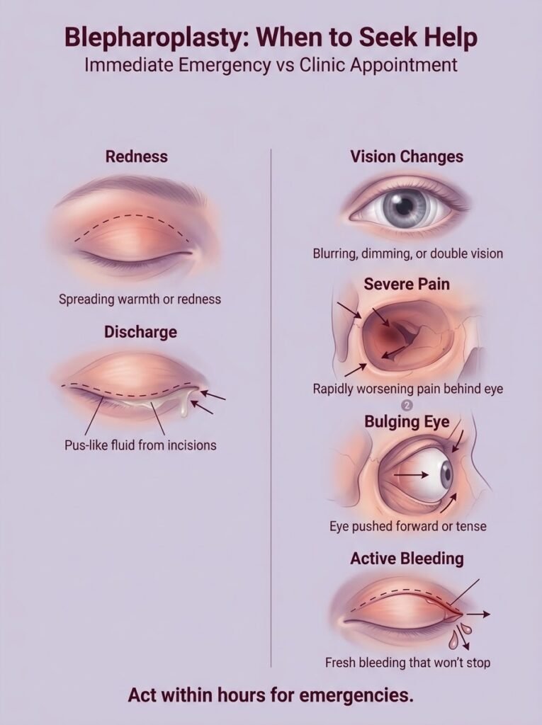 Blepharoplasty emergency warning signs including vision changes, bulging eye, and active bleeding.