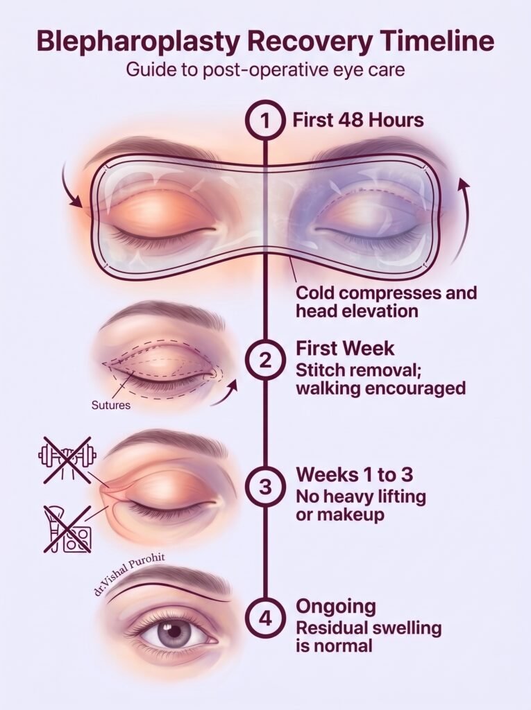 Blepharoplasty upper and lower eyelid surgery recovery timeline by Dr. Vishal Purohit