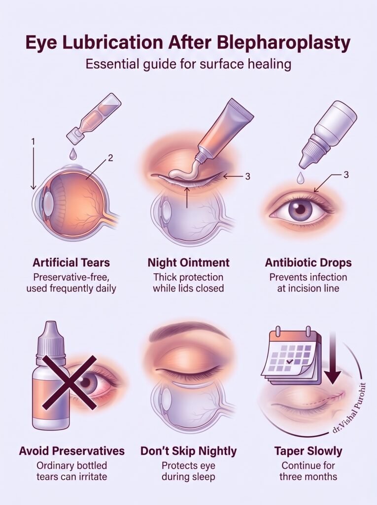 Post-blepharoplasty eye lubrication guide showing artificial tears and ointment application