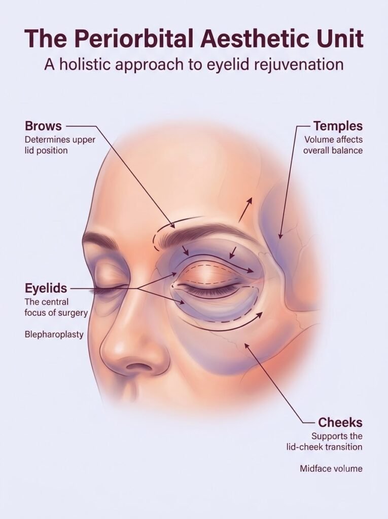 Blepharoplasty eyelid rejuvenation for periorbital aesthetic unit correction by Dr. Vishal Purohit