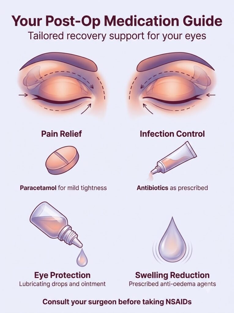 Post-operative medication and recovery guide for blepharoplasty eyelid surgery patients.