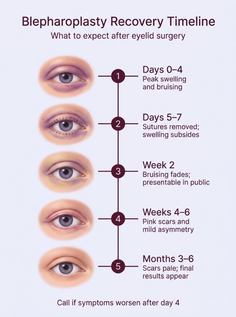 Blepharoplasty recovery timeline showing eyelid surgery healing stages from day 0 to 6 months