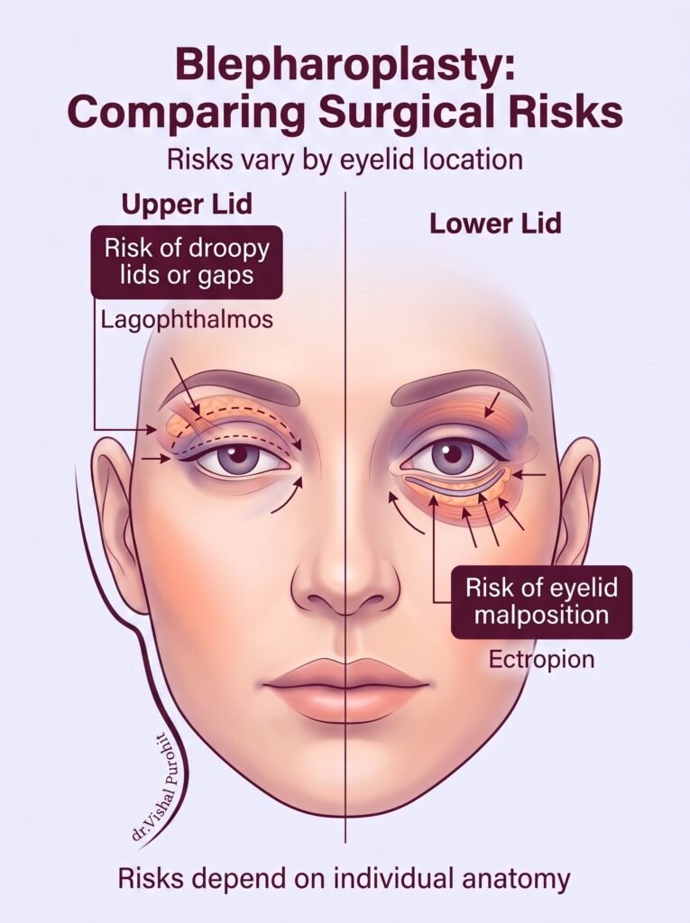 Blepharoplasty upper and lower eyelid surgery risk comparison diagram by Dr. Vishal Purohit