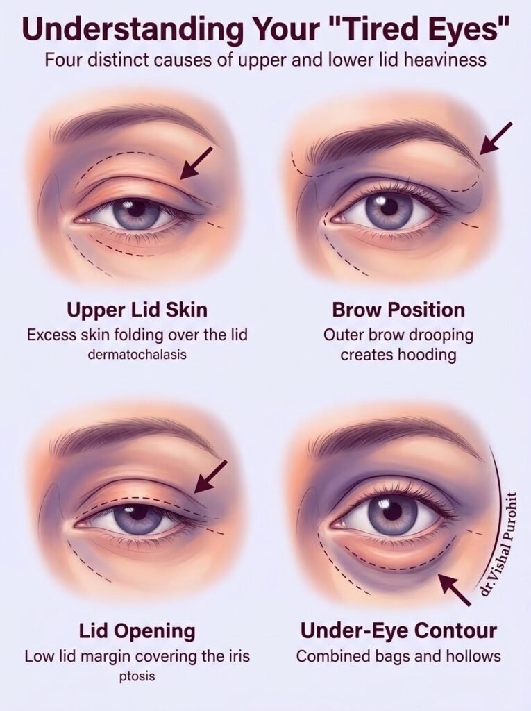 Educational guide on upper and lower blepharoplasty for tired eyes by Dr. Vishal Purohit