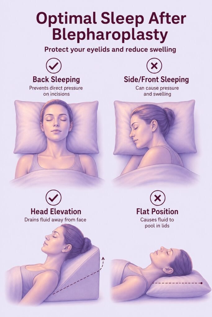 Optimal sleep positions after blepharoplasty to reduce eyelid swelling and ensure recovery.