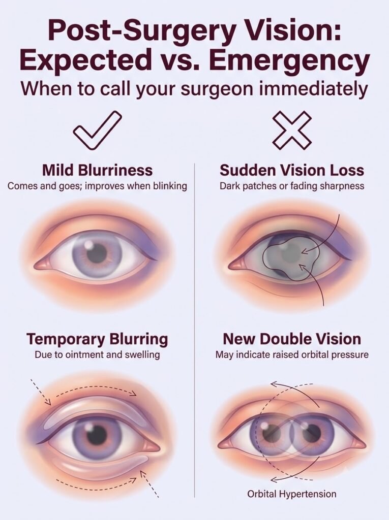 Post-surgery vision guide for blepharoplasty showing expected vs emergency symptoms
