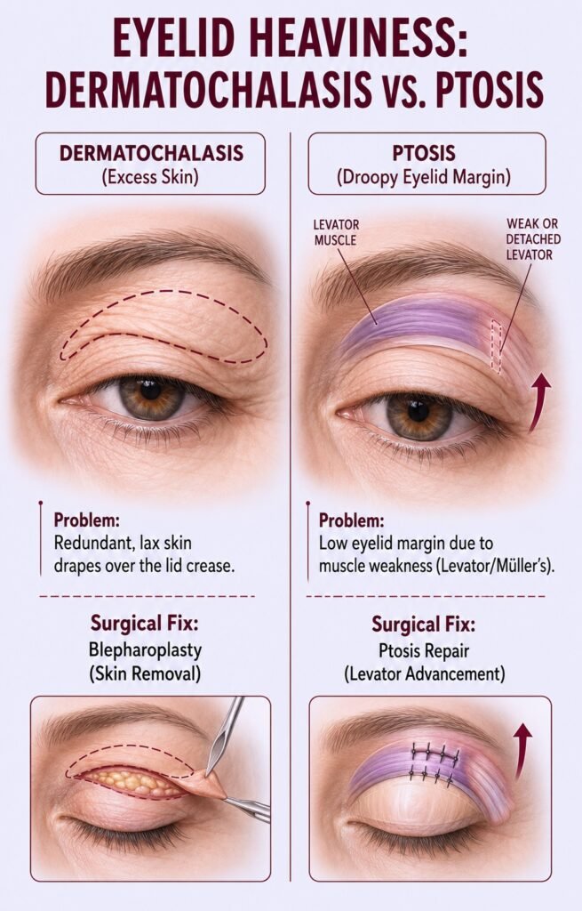 Comparison of Blepharoplasty for Dermatochalasis and Ptosis Repair surgery for eyelid heaviness