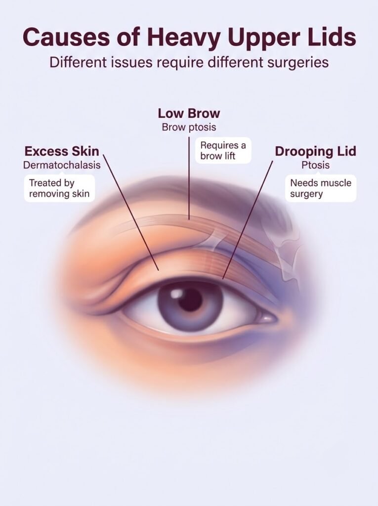 Comparison of Blepharoplasty, Ptosis surgery, and Brow Lift for heavy upper eyelids