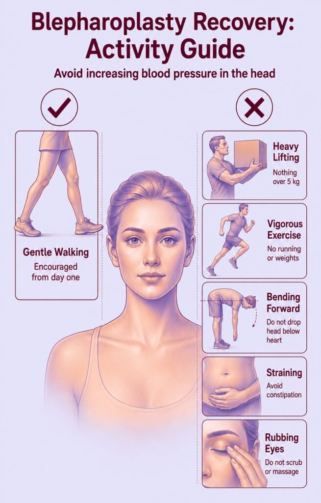 Blepharoplasty recovery activity guide showing recommended and restricted activities for eyelid surgery patients