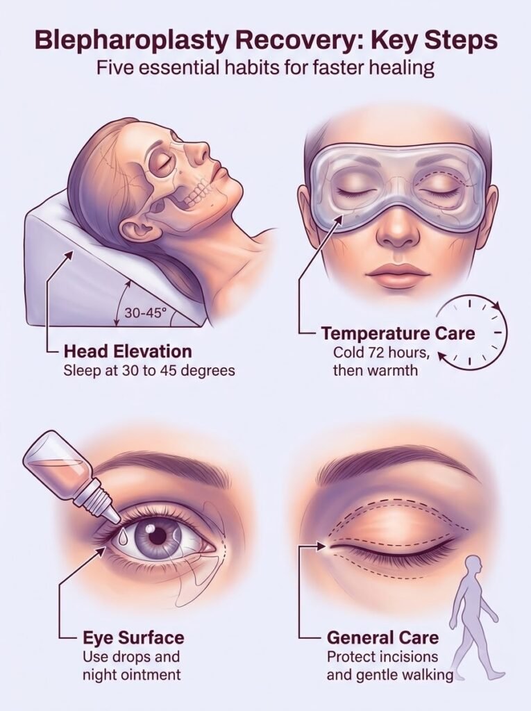 Blepharoplasty recovery guide illustrating head elevation, temperature care, and eye surface protection.