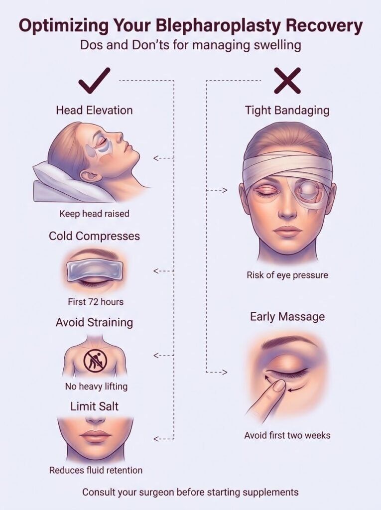 Essential blepharoplasty recovery tips for managing swelling after eyelid surgery by Dr. Vishal Purohit.