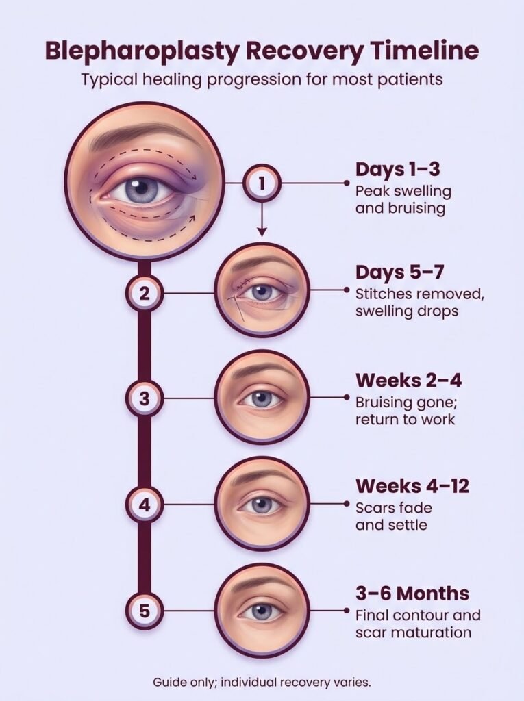 Blepharoplasty recovery timeline showing healing stages from peak swelling to final contour results.